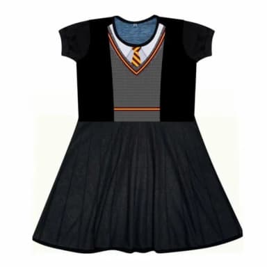 Vestido Infantil Fantasia Uniforme de Escola de Magia com Gravata Listrada