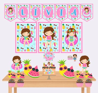 Kit Festa Só Um Bolinho POOL PARTY MENINA - Decoração de Festa