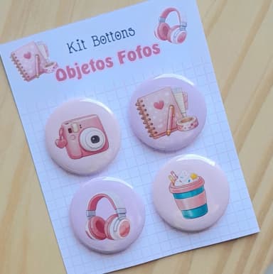 Cartela c/ 04 Bottons Tema Objetos Fofos 1