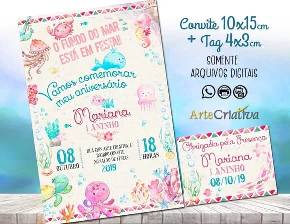 CONVITE DIGITAL C/TAG Fundo do Mar Aquarela Menina