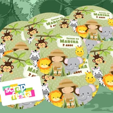Adesivo 5 cm Redondo Personalizado Festa Safari Menina