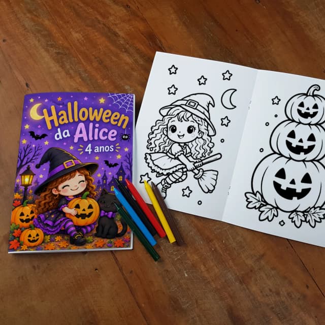 Revista Colorir + Giz Cera Festa Halloween Bruxinha