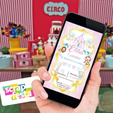 Convite Arte Digital Personalizado Festa Circo Rosa Aquarela