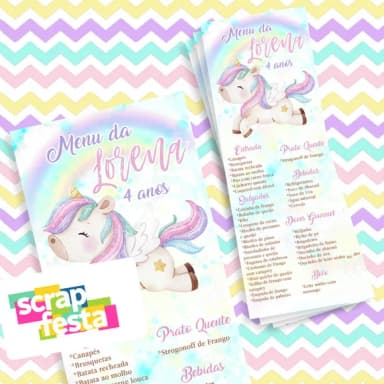 Menu Cardápio Personalizado Festa Unicórnio Aquarela