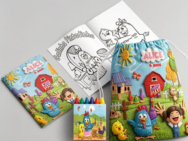 Kit Mochila e Revista de colorir para lembrancinha da Galinha Pintadinha