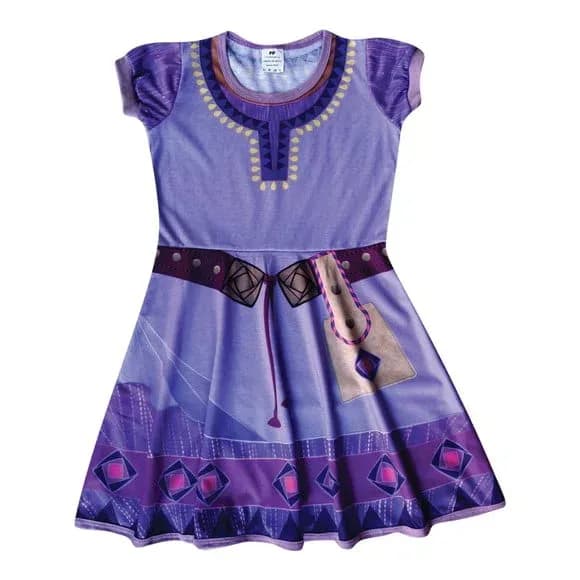 Vestido infantil Fantasia Garota dos Desejos Roxo com Detalhes Geométricos