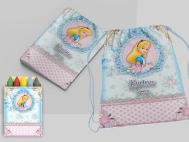 Kit Mochila e Revista de colorir para lembrancinha Alice Pais das Maravilhas