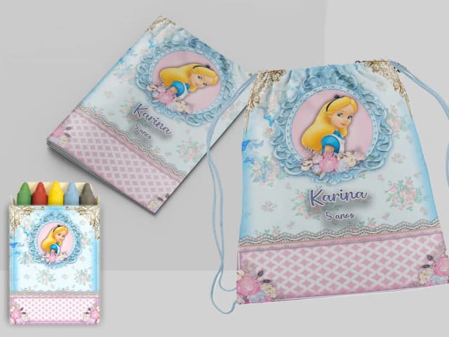 Kit Mochila e Revista de colorir para lembrancinha Alice Pais das Maravilhas