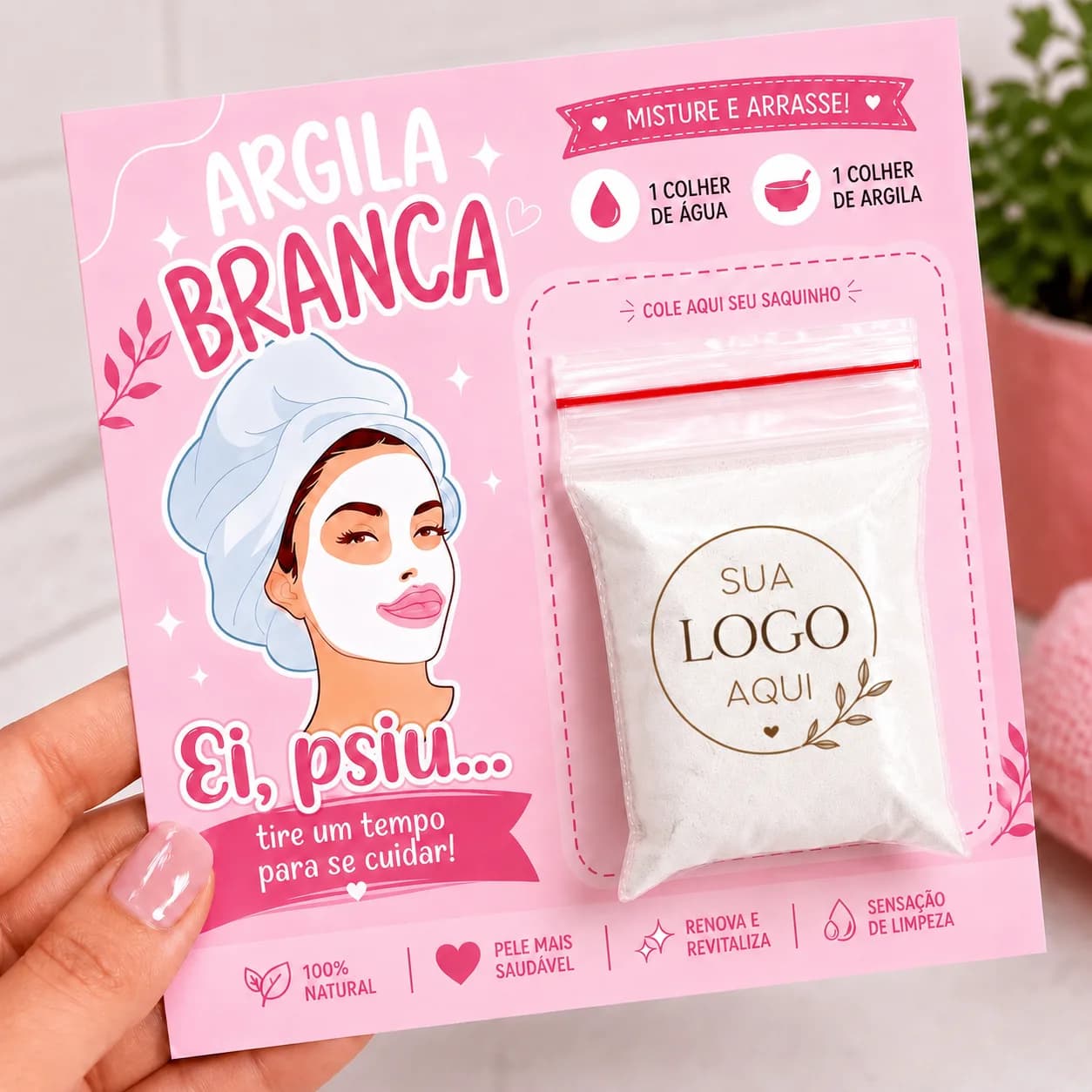 Kit 30 mimo personalizado com sua logo/skincare cartão +sache de argila