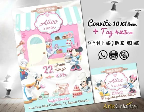 Convite Digital C/tag Confeiteira Turma Mickey