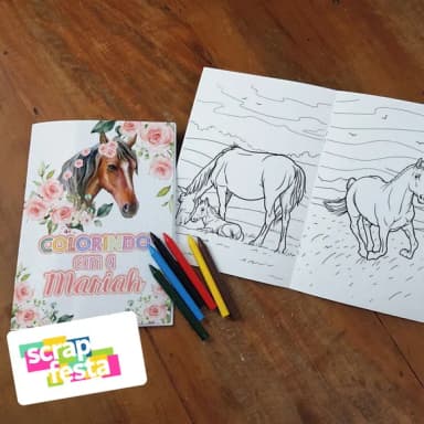 Revista Colorir + Giz de Cera Festa Cavalo Aquarela Floral
