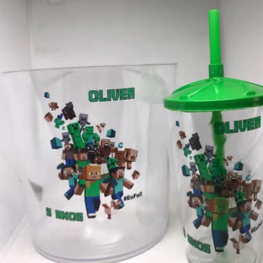 Kit Balde de Pipoca acrilico + Copo twister Personalizado Minecraft