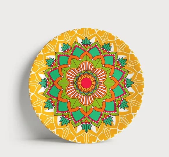 Prato Decorativo Mandala Solar Amarela e Verde 21cm Porcelan