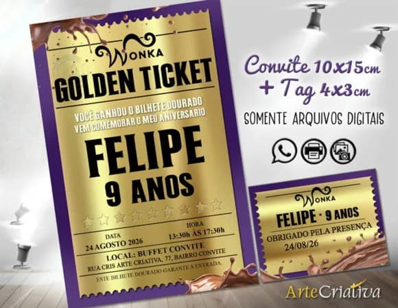 Convite Digital C/tag Bilhete Dourado Wonka