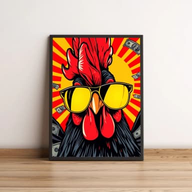 Quadro Galo Estiloso com Óculos e Fundo Colorido  2700