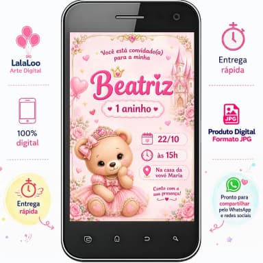 Convite Digital Tema Ursinha Princesa | Arte para Compartilhar pelo WhatsApp