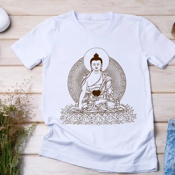 Camiseta Buda - Desenho em Sépia e Estilo Meditativo
