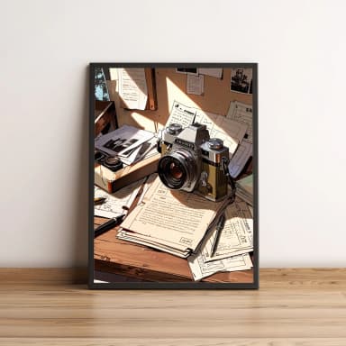 Quadro Câmera Retrô sobre Mesa com Documentos 2632