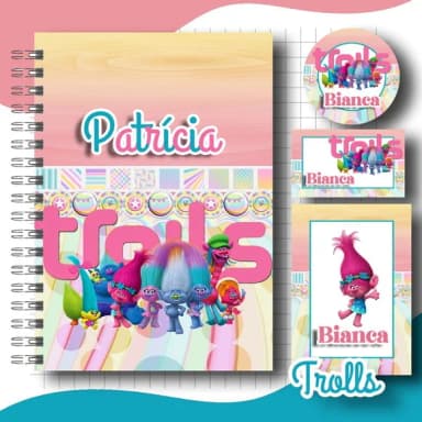 Caderno + Etiquetas + Tag Personalizada + Lápis ( Trolls)