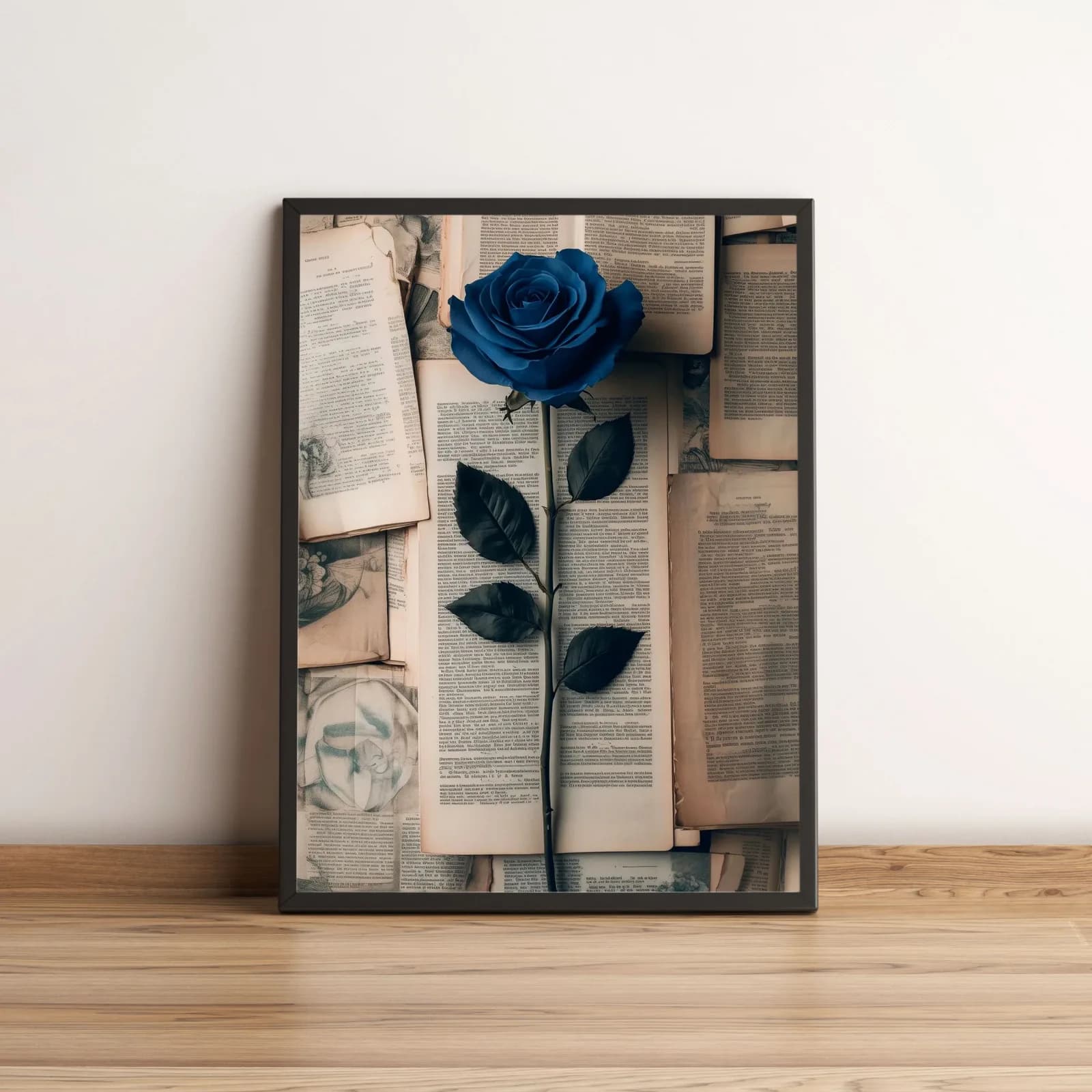 Quadro Rosa Azul Sobre Páginas de Livros Antigos 2708