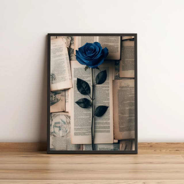 Quadro Rosa Azul Sobre Páginas de Livros Antigos 2708
