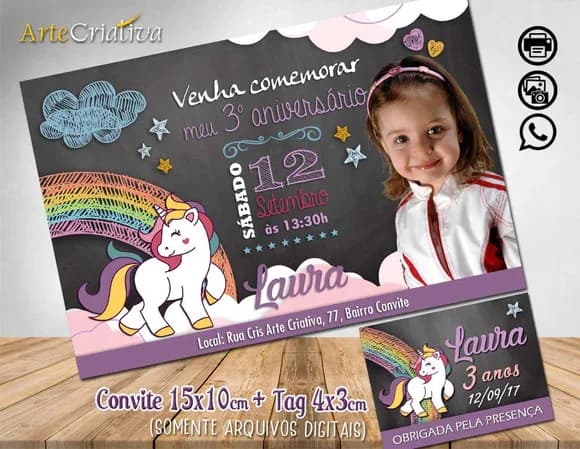 CONVITE DIGITAL C/TAG Unicórnio Chalk com Foto
