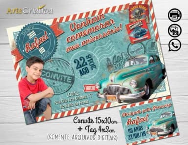 CONVITE DIGITAL C/TAG Carro Vintage Infantil 4