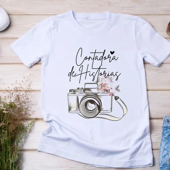 Camiseta Contadora de Histórias - Câmera Fotográfica Floral