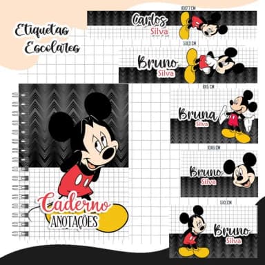Caderno + Etiquetas + Tag Personalizada + Lápis ( Mickey )