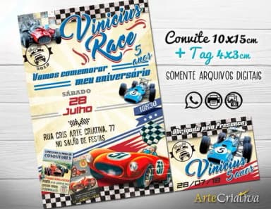 CONVITE DIGITAL C/TAG Carro Vintage Infantil Race