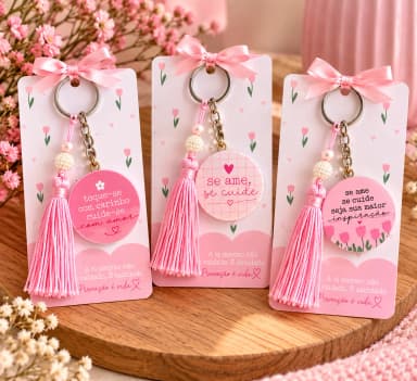 Chaveiro Outubro Rosa com Pingente e Tassel Rosa – Lembrancinha Personalizada
