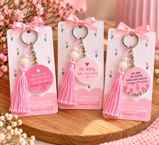 Chaveiro Outubro Rosa com Pingente e Tassel Rosa – Lembrancinha Personalizada
