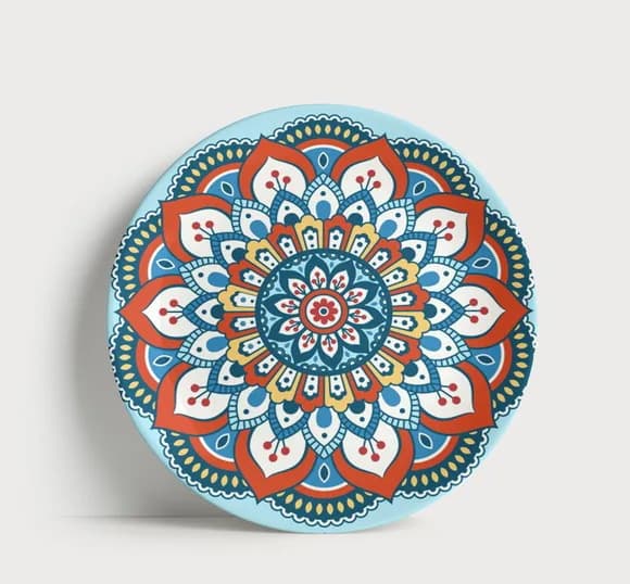 Prato Decorativo Mandala Étnica Azul e Laranja - Porcelana 2