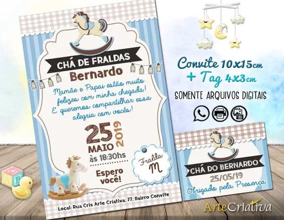 CONVITE DIGITAL C/TAG Chá de bebê Menino Cavalinho Balanço