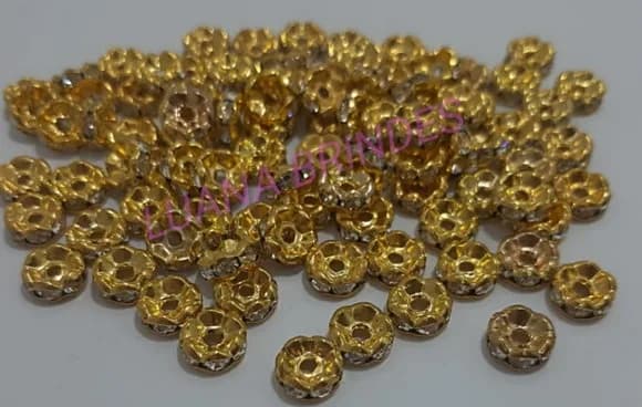 Rondela de Metal Dourado com Strass - 8mm - pct com 12 unid