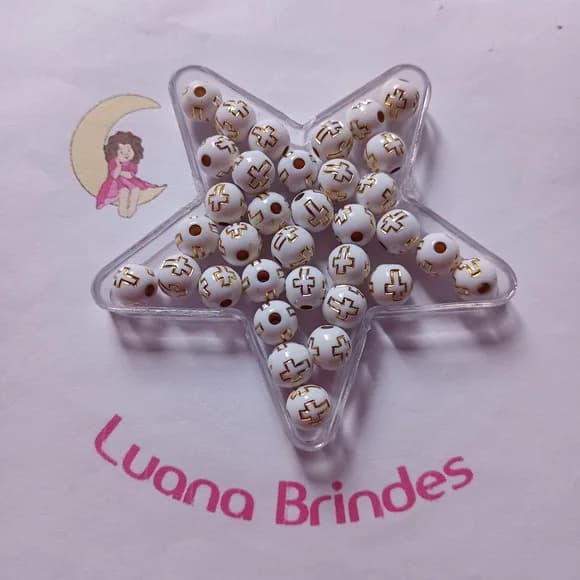 Bolinha Branca com Cruz Dourada 8mm Pct 100 Unidades