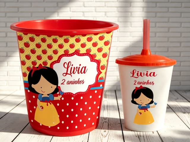 Kit Balde de Pipoca e Copo Twister para lembrancinhas da Branca de Neve