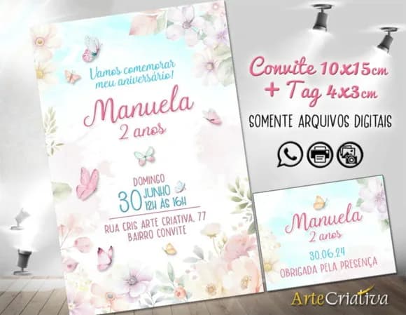 Convite Digital C/tag Flores e Borboleta Aquarela 2
