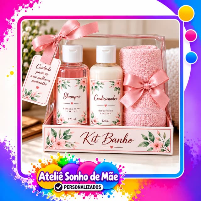 Kit Banho Personalizado com Shampoo, Condicionador e Toalhinha – Presente Delicado