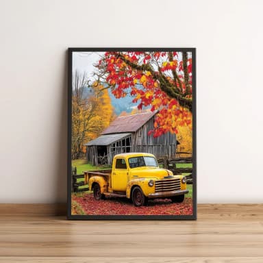 Quadro Caminhonete Amarela Vintage no Outono 2698