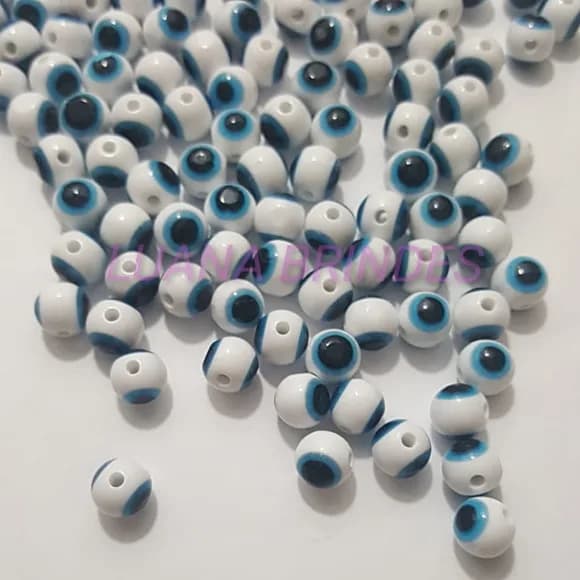 Olho Grego Branco com Furo 8mm Pacote 100 Unidades