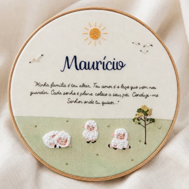 Porta Maternidade Ovelhinhas com Nome e Frase | Bordado à Mão e Aquarela