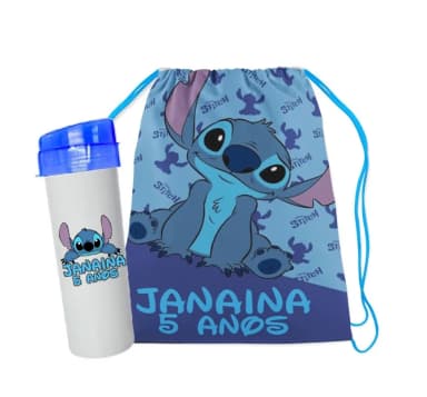 kit mochilinha e Garrafinha tema Stitch