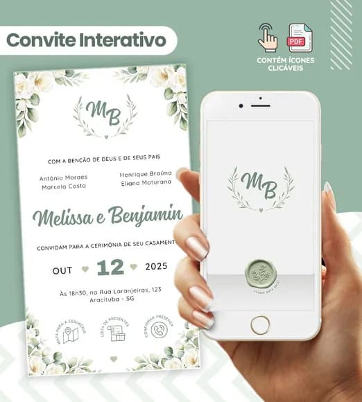 Convite Digital Interativo Casamento Floral Verde