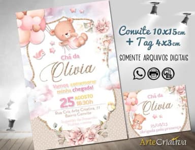 Convite Digital C/tag Chá de Bebê Menina Ursinho Bexiga 2