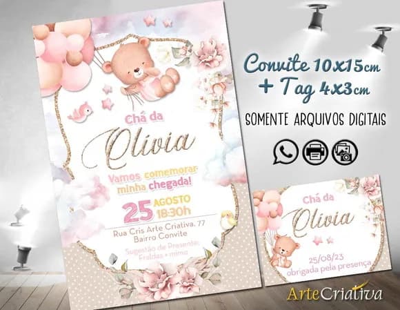 Convite Digital C/tag Chá de Bebê Menina Ursinho Bexiga 2