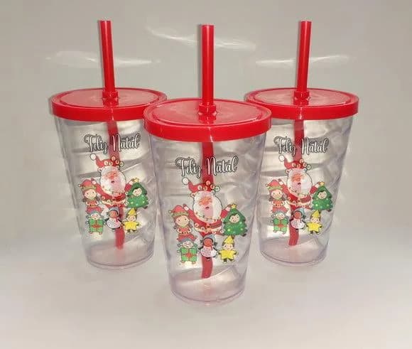 Copo com Canudo 500ml Personalizado de Natal Novo