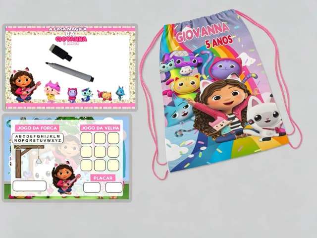 Kit Mochila e Lousa Magica para lembrancinhas da Casa Magica da Gabby