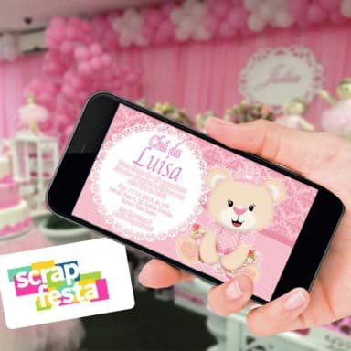Convite Arte Digital Festa Chá de Menina Ursa Princesa