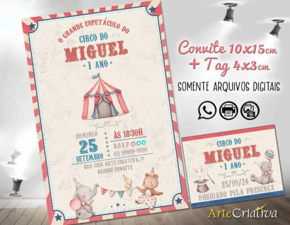 Convite Digital C/tag Circo Vintage Bichinhos